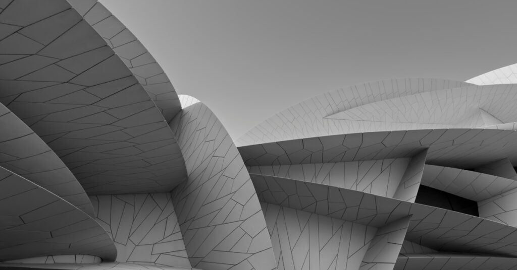 Interlocking grey architectural discs concealing dark gaps between layers — the crypto rip deal in corporate transactions