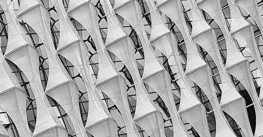 Angular architectural fins in greyscale