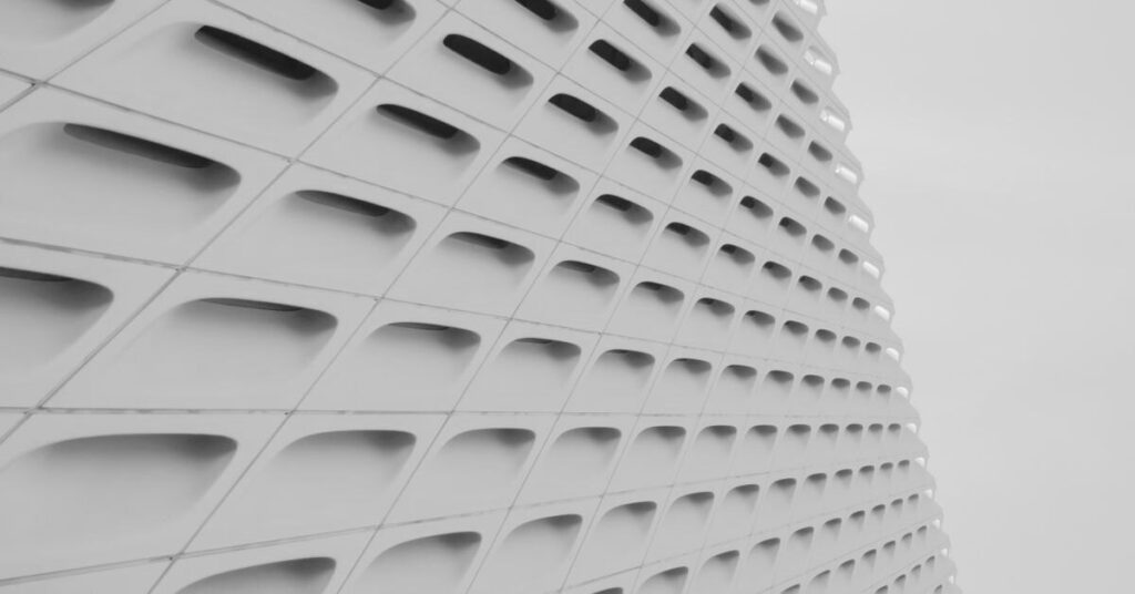 Textured architectural facade in greyscale